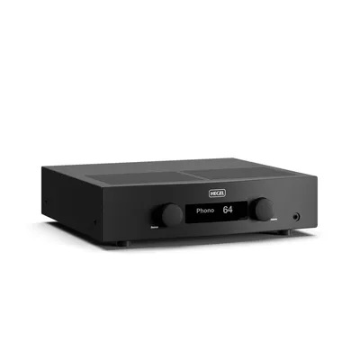 This is a product photograph of a Hegel-branded integrated amplifier or stereo receiver, shown in a three-quarter front view against a white background. The unit has a matte black rectangular chassis with ventilation slots on top, two large rotary knobs labeled Source and Volume on the front panel, a central display screen showing the text Phono and the number 64, and a headphone jack on the right side.