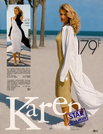 This is a French fashion catalogue advertisement page featuring two looks. The main large photo shows a woman with long blonde wavy hair standing on a sandy beach, wearing a khaki/beige ribbed sleeveless midi dress layered under an open, long white button-up shirt that reaches the floor, paired with white sneakers. A smaller inset photo in the upper left shows a woman in a white sleeveless midi dress with a long black draped cardigan or wrap, standing on a wooden boardwalk. Text includes prices in French francs (149F and 179F) and the brand name "Karen" in large script at the bottom, with a stamp reading "STAR DE LA MODE."
