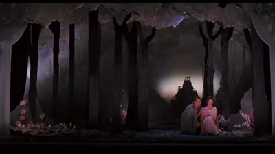 A stage production set depicting a dark enchanted forest with tall stylized trees and scattered flowers; two performers — a man and a woman in light-colored flowing costumes — are seated together on the ground in the right portion of the stage, with a glowing backdrop visible between the trees.
