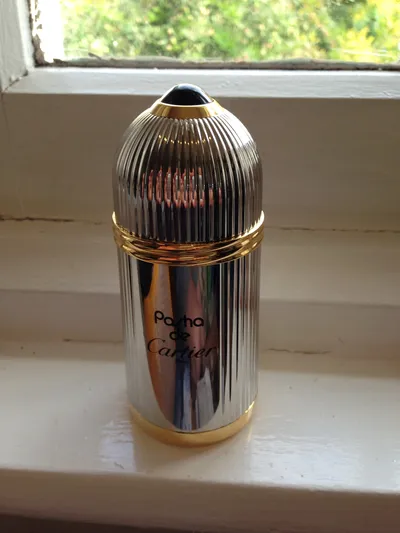 A product photograph of a Pasha de Cartier fragrance bottle sitting on a white windowsill with greenery visible through the window behind it. The bottle has a cylindrical ribbed silver metal body with gold accents at the top and bottom, and a domed silver cap topped with a small black gemstone.
