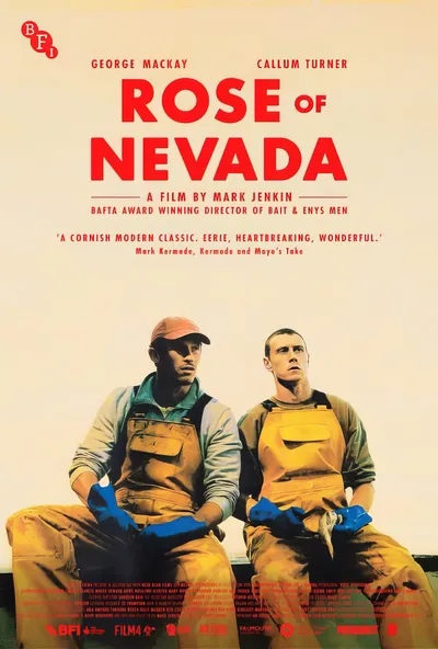 This is a movie poster for Rose of Nevada, a film by Mark Jenkin, distributed by the BFI. Two young men wearing matching yellow-orange dungarees or waterproof overalls and blue rubber gloves are seated side by side against a plain pale background; the man on the left wears a red baseball cap and a grey long-sleeve top underneath, while the man on the right has a shaved head and wears a dark long-sleeve top underneath. Both look upward and off to one side with serious expressions.