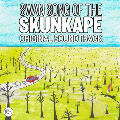 This is an album cover for Swan Song of the Skunkape Original Soundtrack, featuring a crayon-style illustration of a winding road cutting through a flat, green landscape dotted with bare leafless trees, a small red car driving along the road with puffs of dust behind it, and a small reddish figure standing among the trees in the lower right corner beneath a bright blue sky.