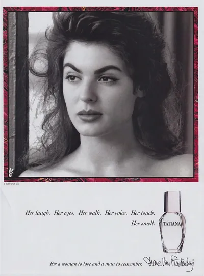 This is a 1989 fragrance advertisement for Tatiana by Diane Von Furstenberg. The ad features a black and white close-up portrait of a young woman with long, voluminous dark hair and bare shoulders, gazing slightly off-camera. Below the photo, text reads "Her laugh. Her eyes. Her walk. Her voice. Her touch. Her smell." alongside an image of the Tatiana perfume bottle, with the tagline "For a woman to love and a man to remember" and the designer's signature.