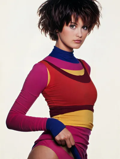 A studio portrait of a young woman with short, tousled dark brown hair, wearing a colorblock long-sleeve top and mini skirt in bold shades of magenta, red, yellow, and cobalt blue with a blue turtleneck collar, posed at a slight angle against a plain off-white background.