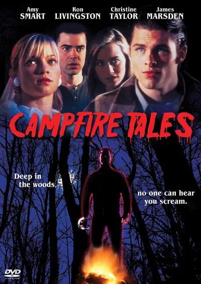 This is a DVD cover for the horror film Campfire Tales. The top portion shows four actors' faces arranged side by side: a woman with short blonde hair, a dark-haired man in a dark henley shirt, a woman with dark hair, and a young man with light eyes and slicked-back hair. The bottom half shows a dark silhouette of a figure standing in a wooded area at night, holding what appears to be a weapon, with a small campfire glowing at their feet. The title appears in large red dripping letters across the middle, and the tagline reads "Deep in the woods, no one can hear you scream."
