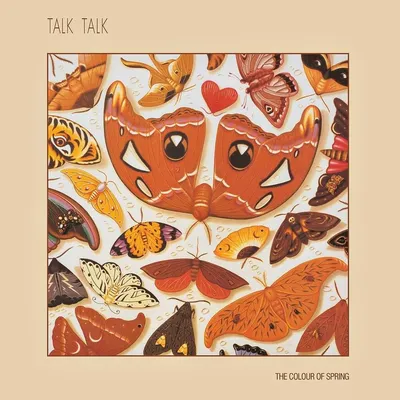 Album cover for Talk Talk's The Colour of Spring, featuring an illustrated collage of various moths and butterflies in warm brown, orange, and yellow tones on a cream background, with a large central moth whose wing patterns suggest a face with eyes.