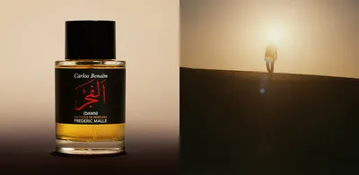 An advertisement showing a bottle of Frederic Malle perfume called "Al Fajr (Dawn)" by Carlos Benaïm, with Arabic calligraphy on a black label, alongside a photo of a silhouetted person walking toward a bright light on a dark hillside at dawn.