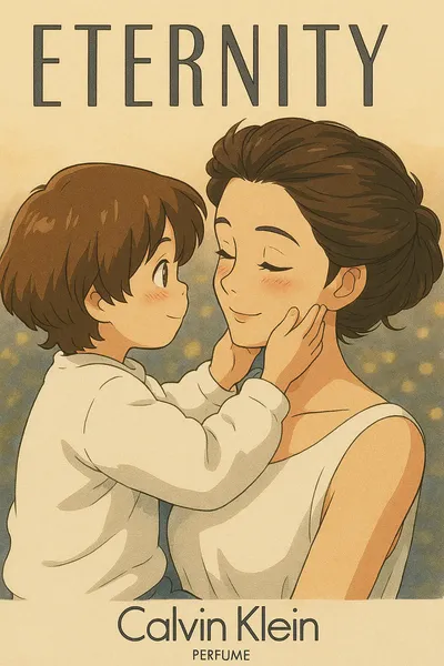 An anime-style advertisement for Calvin Klein Eternity Perfume, showing a woman with short dark hair in a white dress holding a young child with brown hair, who is gently touching her face as they look at each other.