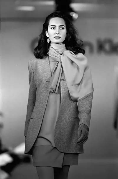 A black-and-white runway photo of a woman with dark wavy hair wearing a tweed blazer, a loose draped blouse or scarf tied at the neck, a mini skirt, and drop earrings, walking toward the camera.