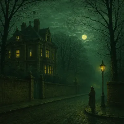A dark, atmospheric digital painting of a cobblestone street at night, featuring a large Victorian stone mansion with glowing yellow windows, a cloaked figure standing beneath a gas lamp, bare trees, and a full moon partially obscured by green-tinted clouds.