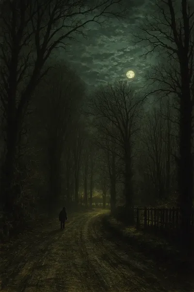 A dark oil painting depicting a moonlit country lane at night, with bare trees lining both sides, a solitary figure walking along the dirt path, a wooden fence gate to the right, and a full moon partially obscured by clouds overhead.