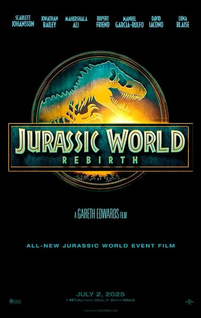 Movie poster for Jurassic World: Rebirth, featuring the classic Jurassic Park logo of a T-rex skeleton silhouette inside a circular emblem rendered in teal and gold tones against a black background. The poster lists seven cast members across the top, credits Gareth Edwards as director, and shows a release date of July 2, 2025.