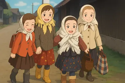 An illustration in a Studio Ghibli anime style depicting four young girls wearing headscarves and autumn/winter clothing — including colorful skirts, knit sweaters, and boots — walking together on a dirt path in a rural village setting, carrying bags and baskets.